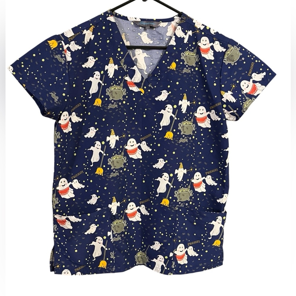 Women's Serene Uniform Scrub Top Blue Halloween-Fall Print - Picture 10 of 11